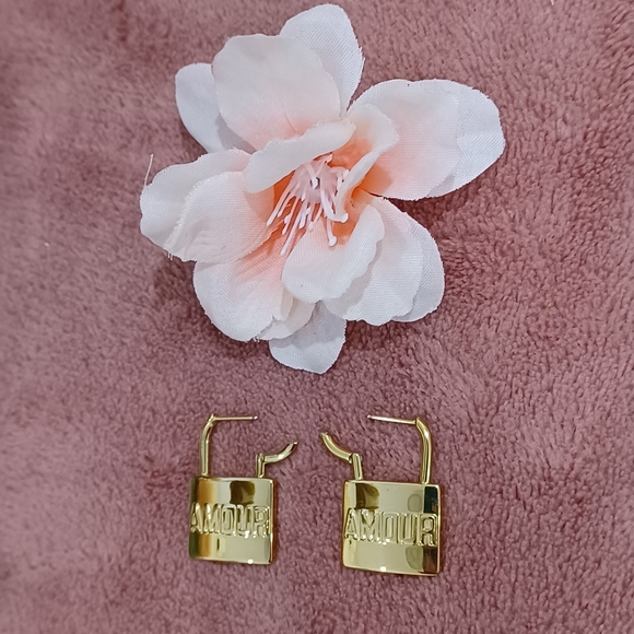 AMOUR Inscription • Gold Stainless Steel • Padlock-Style Thin Earrings - Picture 3 of 8